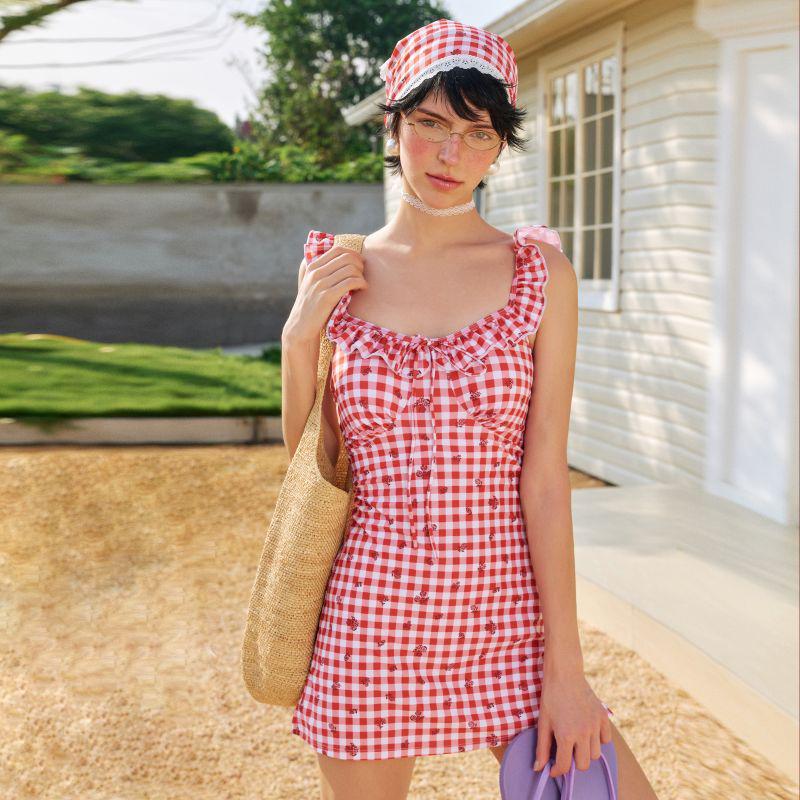 

Европейско-американский комплект платья с поясом и шляпы в красную клетку с трусиками-треугольниками - Женский пикантный весенний праздничный купальник XL