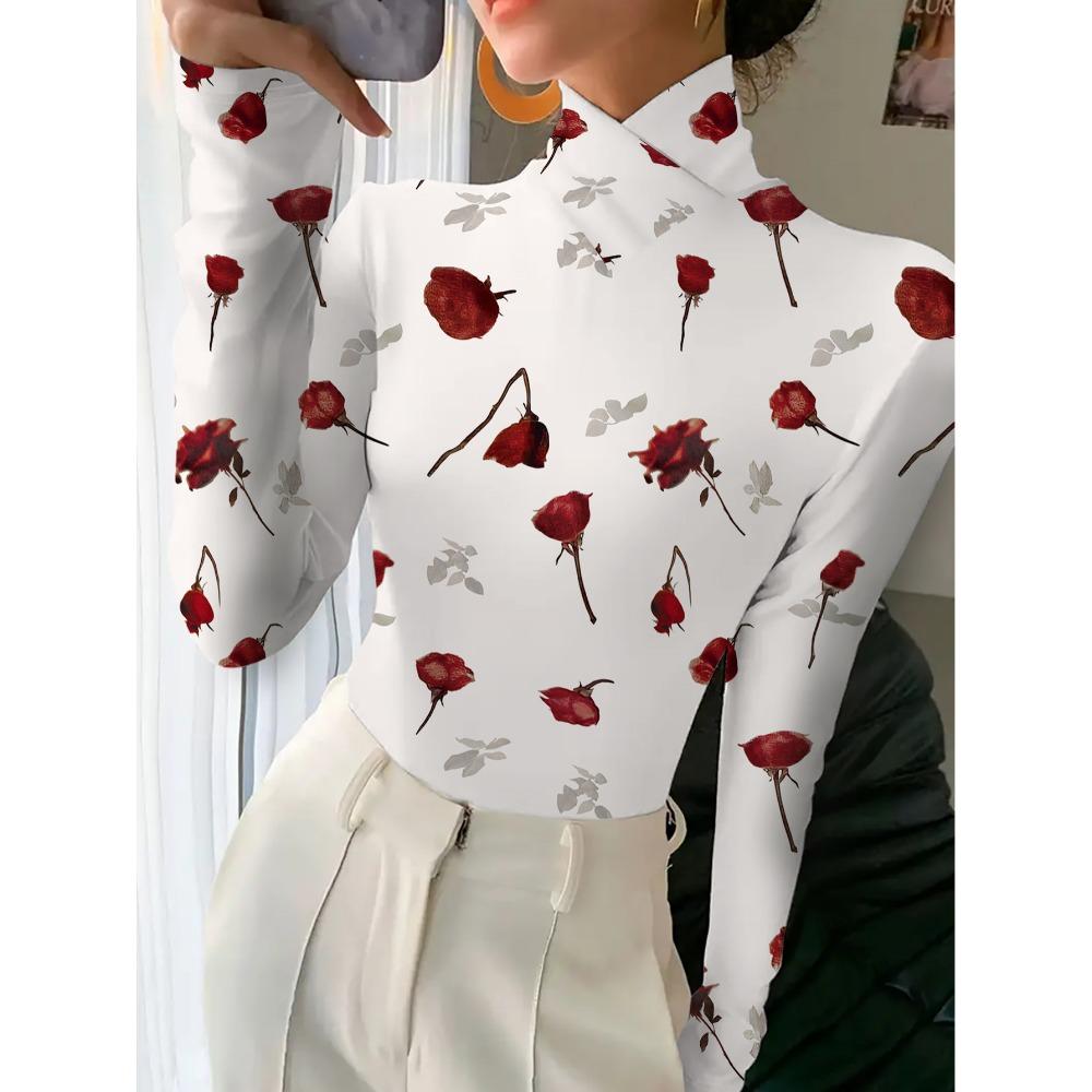 Women's Long Sleeve T-Sleeve Floral Print Turtleneck Bottom Shirt Spring and Autumn Casual Interior Top