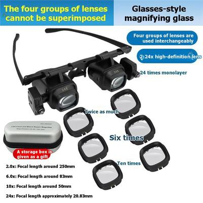 ABBY-Led Light Magnifying Glasses Interchangeable Lens(2X 6X 10X 24X) Adjustable Angle, Ideal For Jewelry Watch Repair