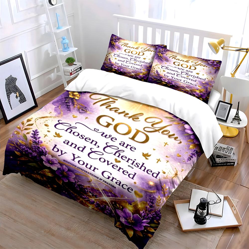 Thank You God Purple Floral Bedding Set Bedding set (1 duvet cover, 2 pillowcases, duvet not included)