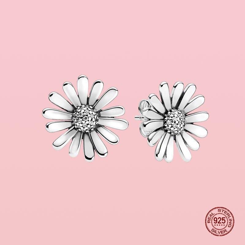 Authentic Sterling Tone Pendiente Daisy Flower Stud Earrings Earrings Fit For Women Original Earrings Fine JewelryFlower Stud