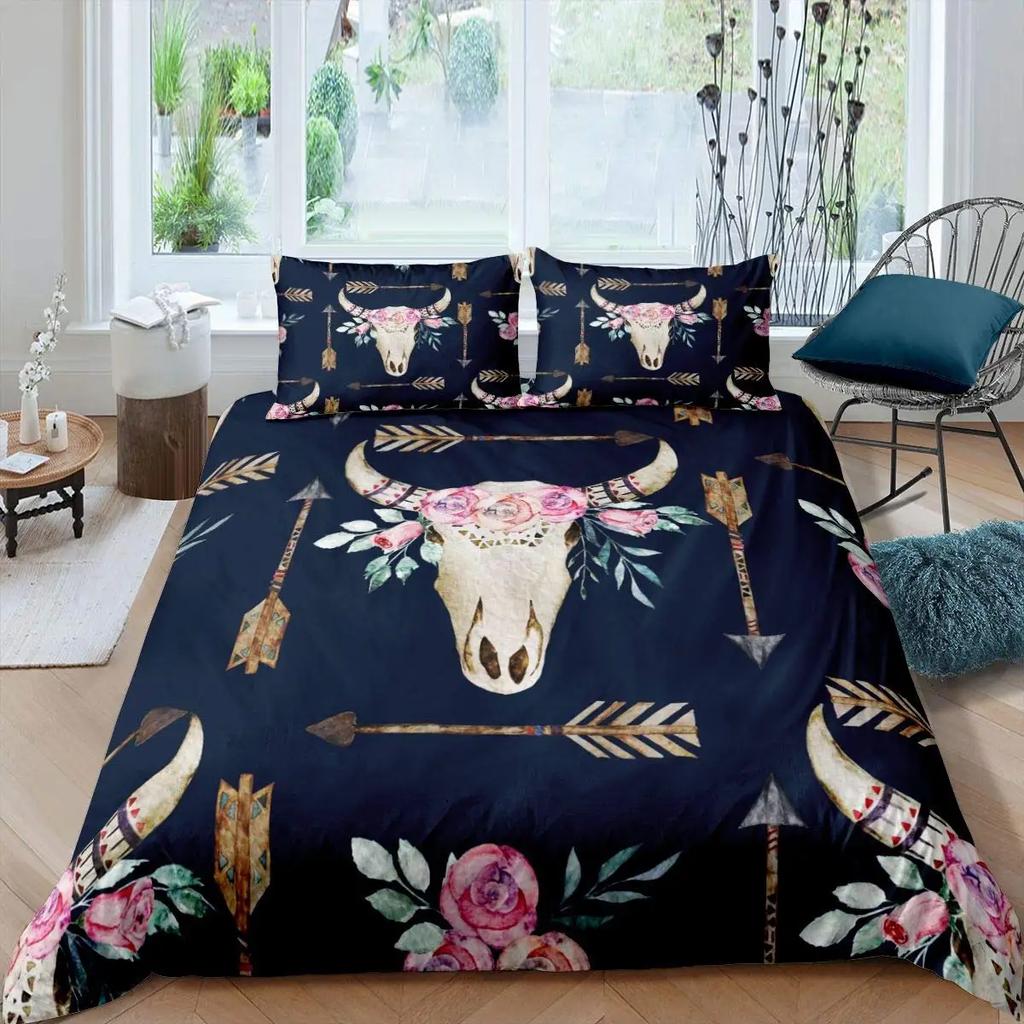 Cow Skull Duvet Cover Queen Sunflower Cattle/Bull Skeleton Bedding Set Botanical Floral Leaves Boho Tribal Polyester Quilt Cover