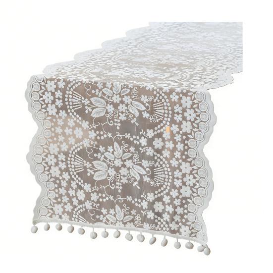 French Lace Table Runner Hollow Tassel Fringe Placemat Elegant Decorative Tablecloth Romantic Wedding Party Dining Table Dresser Buffet Decor