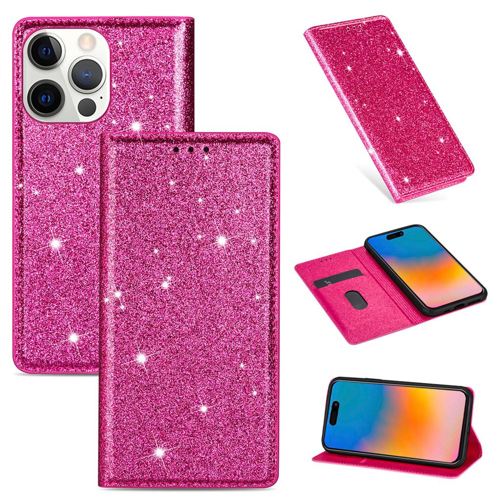 Applicable to Apple 15 glitter magnetic suction multi-card leather case 15pro women's glossy protective case 16pro card case