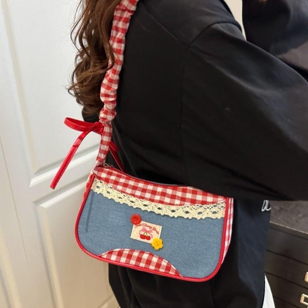 Plaid Denim Underarm Bag Rural Style Crossbody Bag Lovely Lattice Shoulder Bag  Women