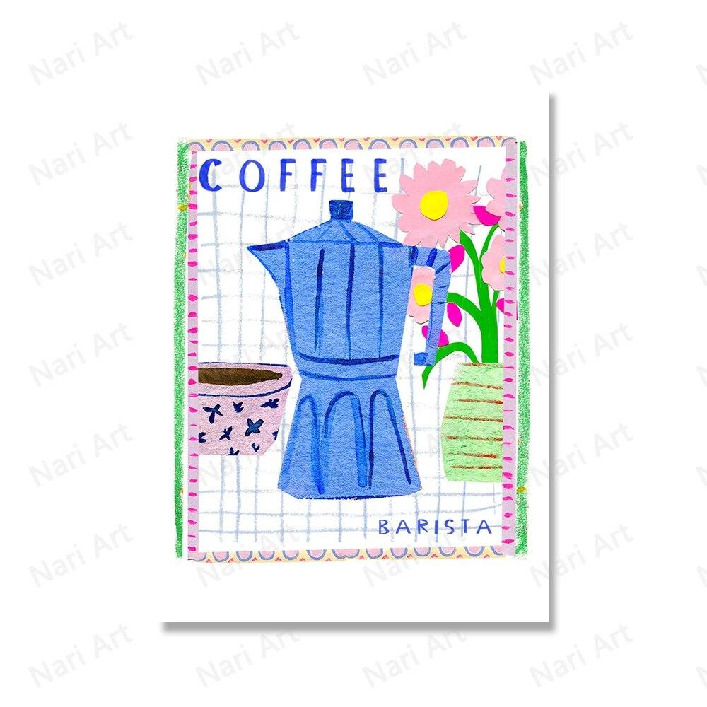 Retro Food Kitchen Prints Café da manhã Barista Pot Frutas Pêssego Pôsteres Arte de parede Pintura em tela Decoração de sala de jantar Imagem sem moldura