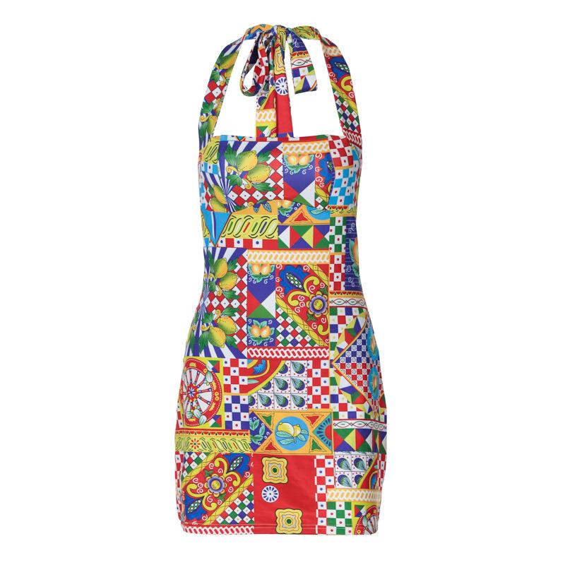 Women European Style Sexy Printed Halter Backless Tie High Waist Bodycon Mini Dress