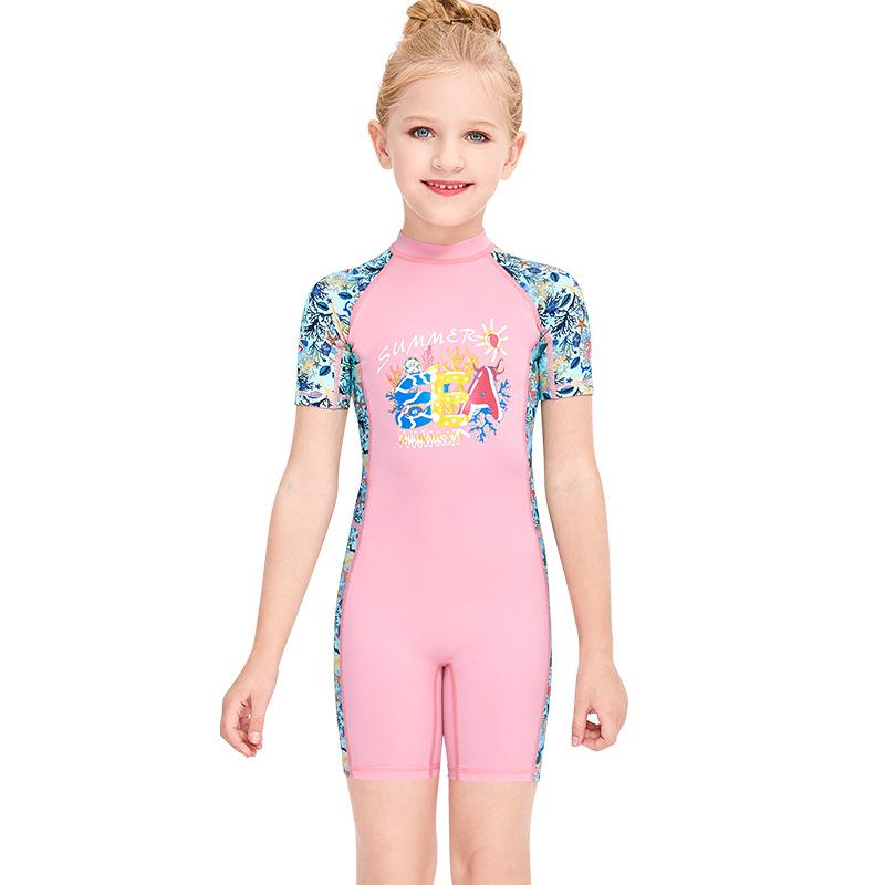 

Девочки, цельный купальник с короткими рукавами для защиты от солнца, быстросохнущий, для снорклинга, горячих источников и тренировок по плаванию. M розовый