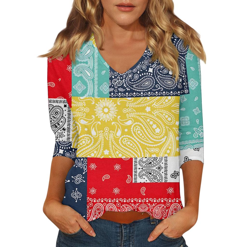 Women's Casual Fashion Sexy Comfortable V-Neck Floral Seven Sleeve Top