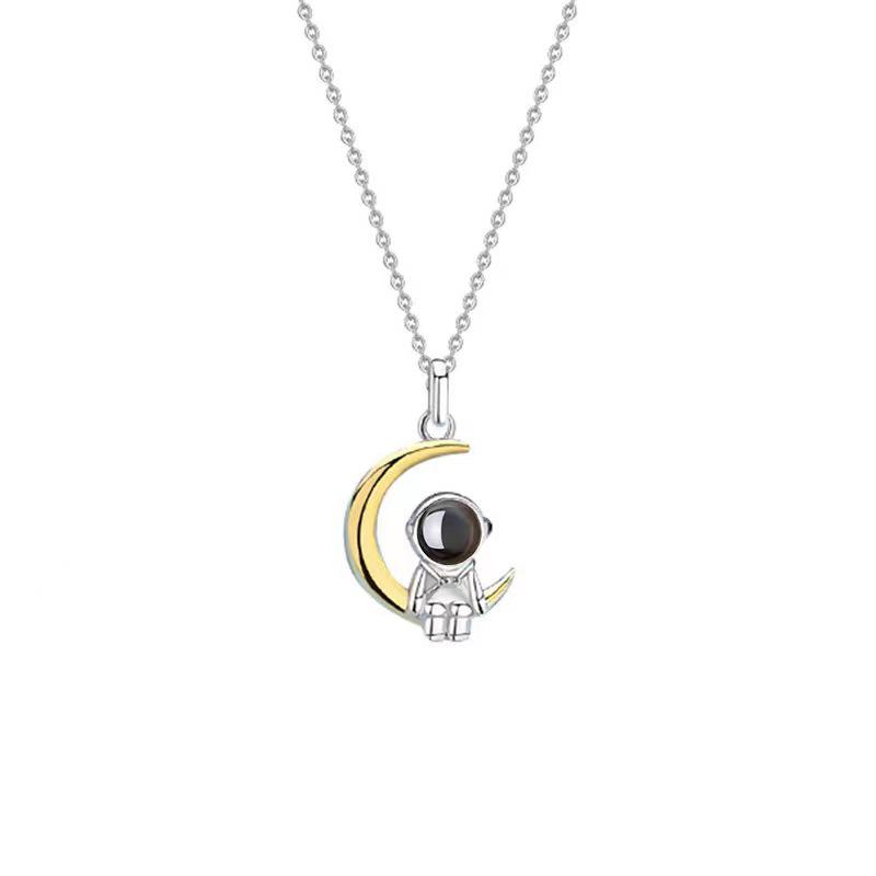 S925 Sterling Silver Astronaut & Star Moon Pendant Necklace - Trendy Japanese Korean Style for Women