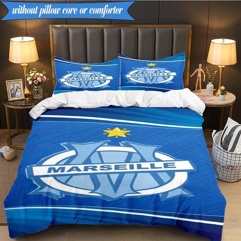 3PCS Olympique Football Crest Printed Soft Bedding Set,Including 1pc Duvet Cover And 2pcs Pillowcases Perfect for Bedroom, Dormitory, Fan gift