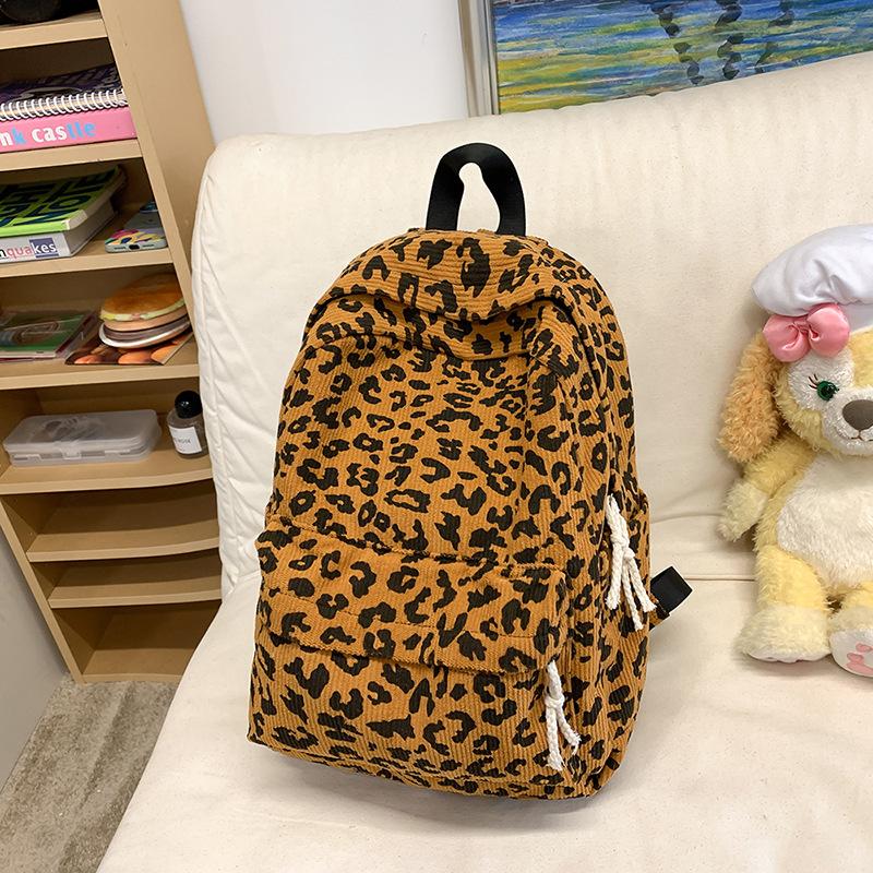 Women's Leopard Print Backpack Fashion Hundred Corduroy Backpack Trendy Student School Bag High Value Large Capacity Backpack