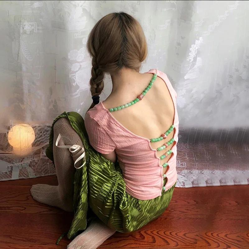 Japanese Y2k Hollow Out Tops Vintage Harajuku Beaded T Shirt 2000s Aesthetics Short Sleeve Knit T-shirts American Retro