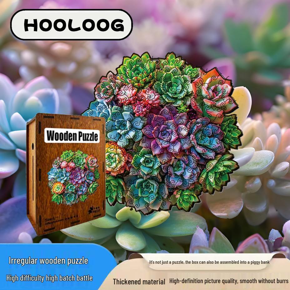 HOOLOOG Wooden Mosaic Succulent Puzzle Gift & Decorative Money Box