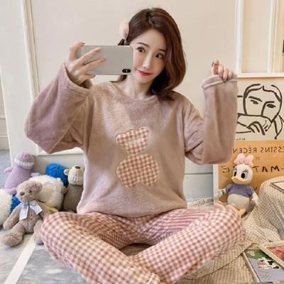 Thickened Warm Sleepwear for Winter Plus Size Fall and Winter Pajamas Girl Coral Velvet Cartoon Bear Two-Piece O-Neck Nightwear