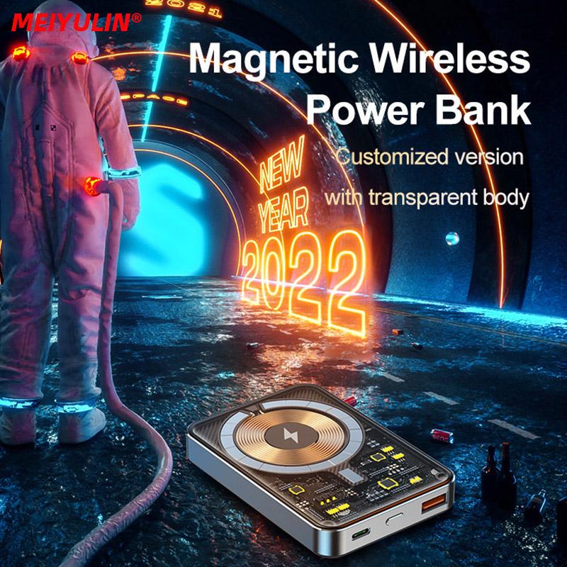 Transparente Glas Magnetische Kabellose Powerbank 15W Tragbares Schnellladegerät Externe Ersatzbatterie Für iPhone 13 12 Xiaomi