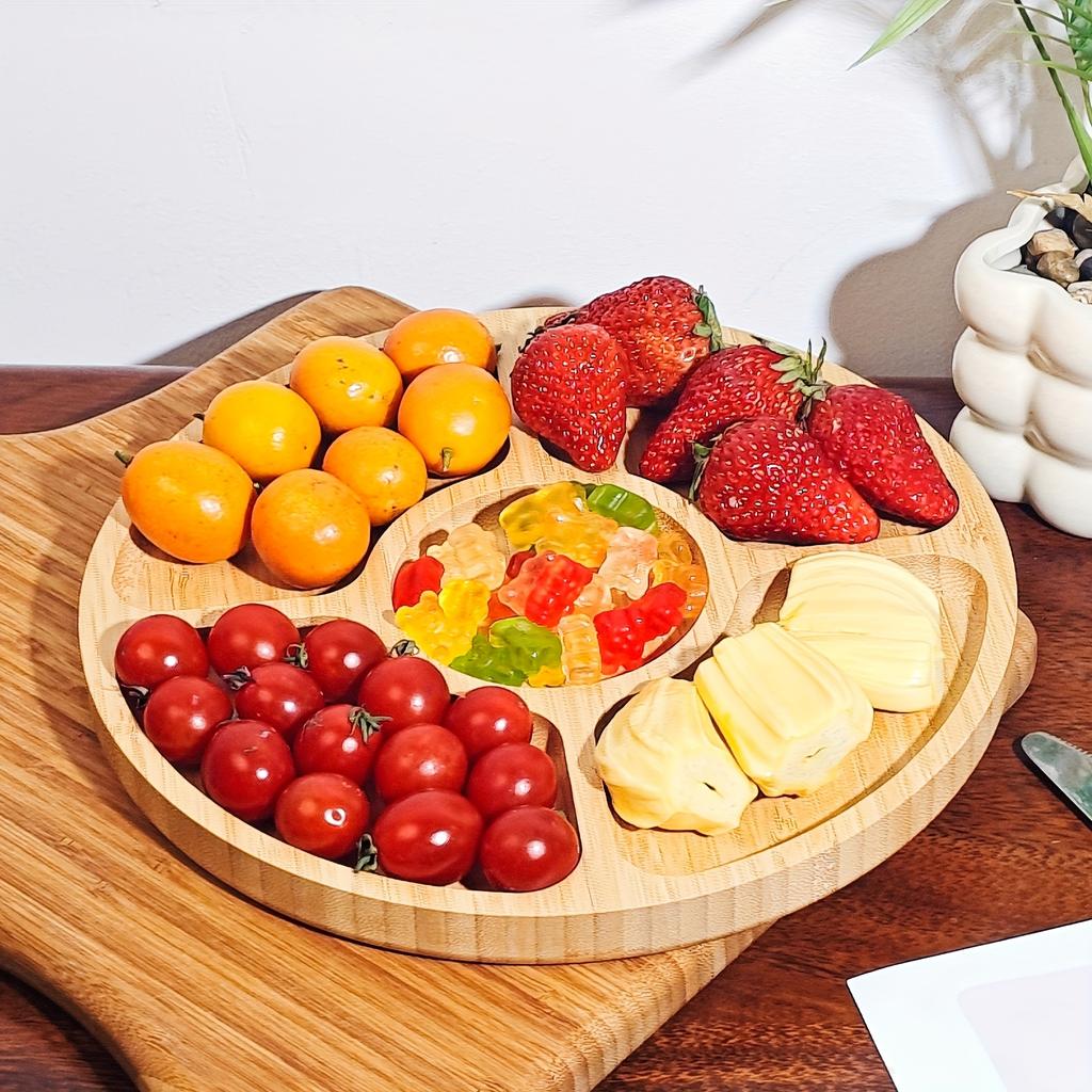 Bamboo Snack Tray with Dividers 5 Compartment Serving Plate for Fruit, Candy, Party