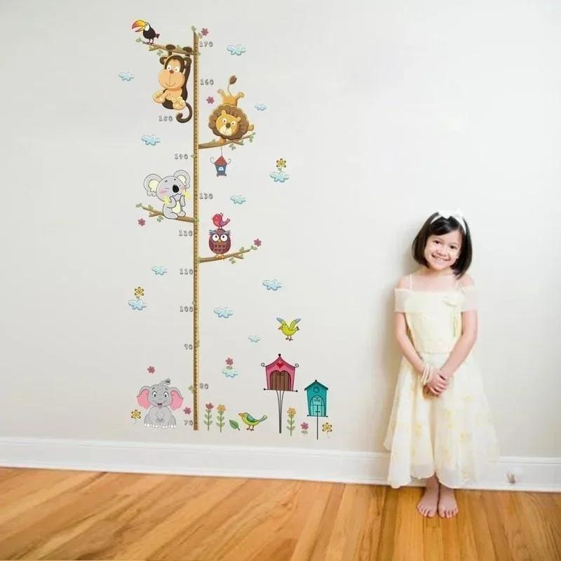 Cartoon Height Measure Wall Sticker for Kids Rooms Growth Chart Animals Lion Monkey Owl Elephant Nursery Room Decor Wall Art