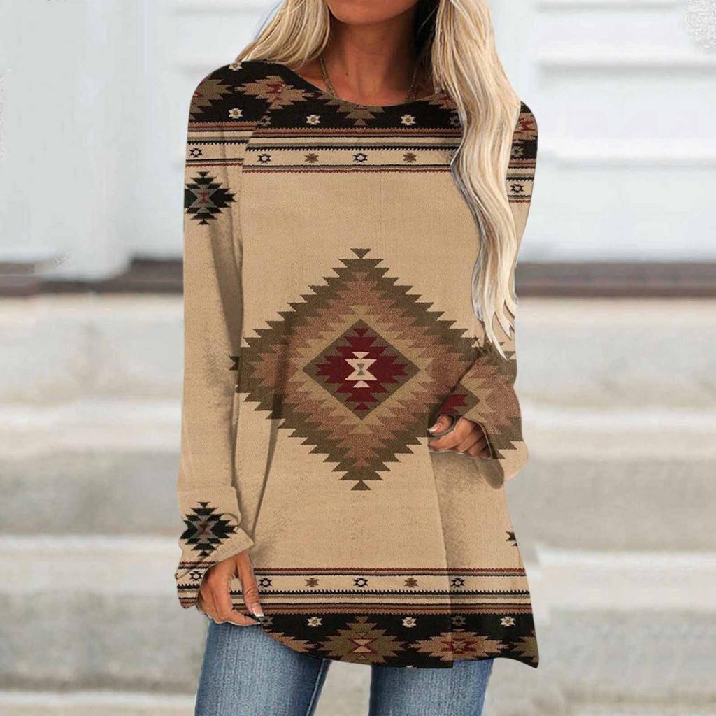 Ethnic tribe geometric print autumn casual comfortable women's long sleeve T-shirt Urban street trend fashion women long sleeve