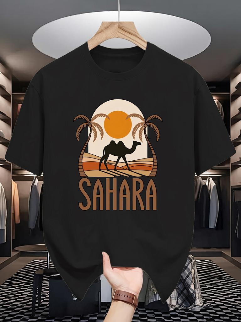 Unisex Crew Neck Tee Sahara Camel Retro Desert Sunset Art Print Soft Cotton Loose Short Sleeve Summer Casual Male Streetwear Tops