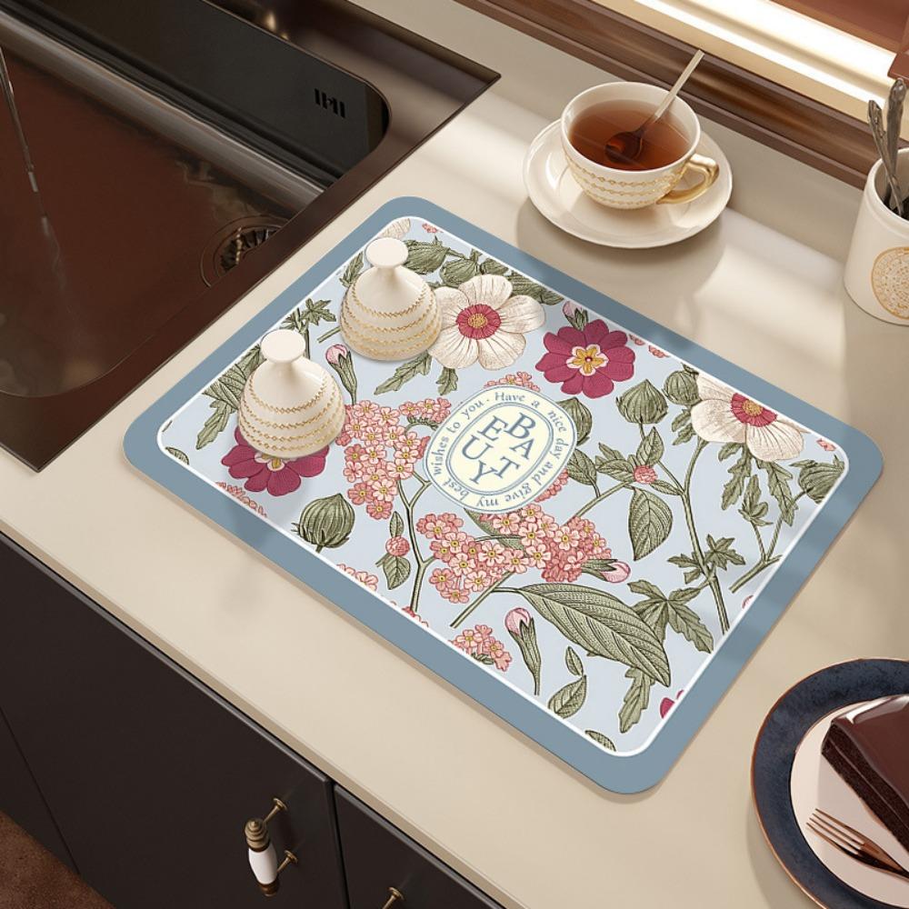 4pcs Flower Kitchen Countertop Drain Mat Absorbent Floor Mat Dining Table Leave-in Heat Insulation Drain Mat