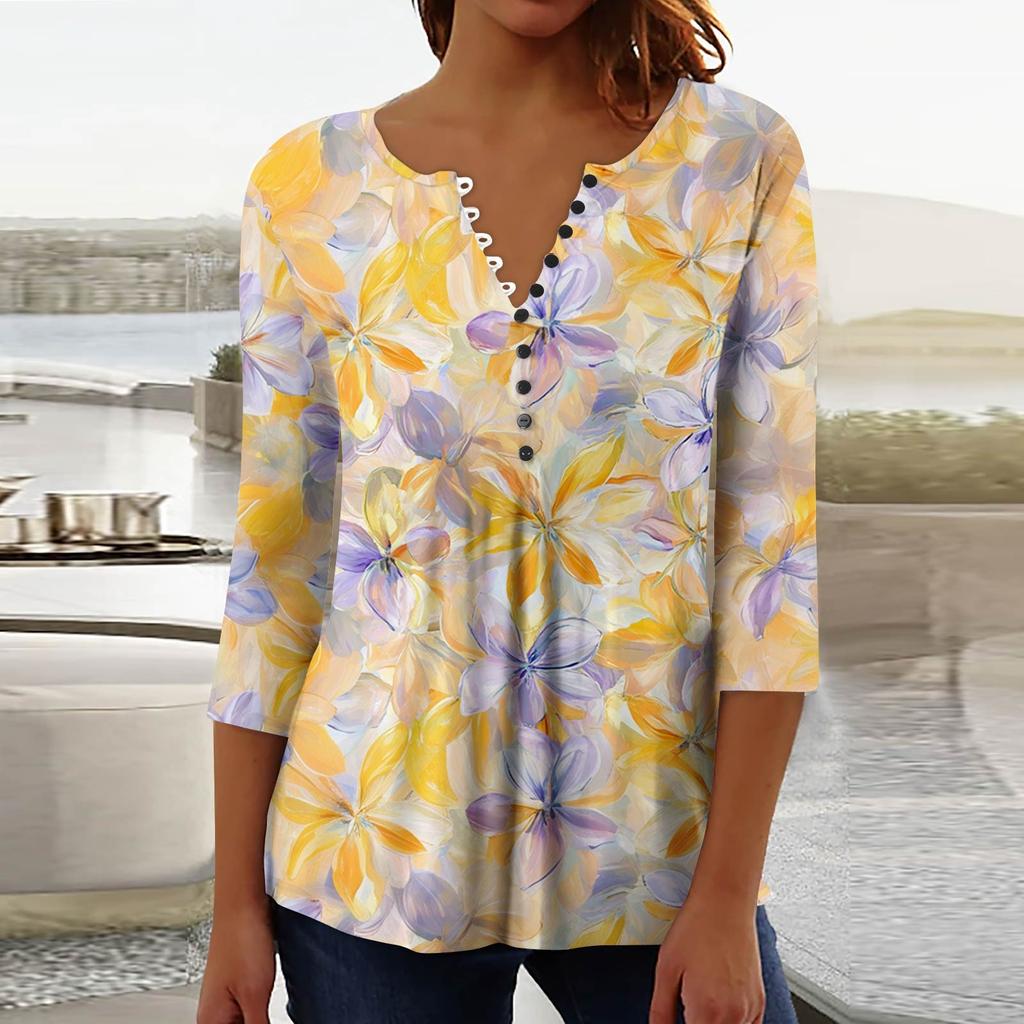 Women's Fashion Casual Pullover T-Shirt 3/4 Sleeve Printed Top