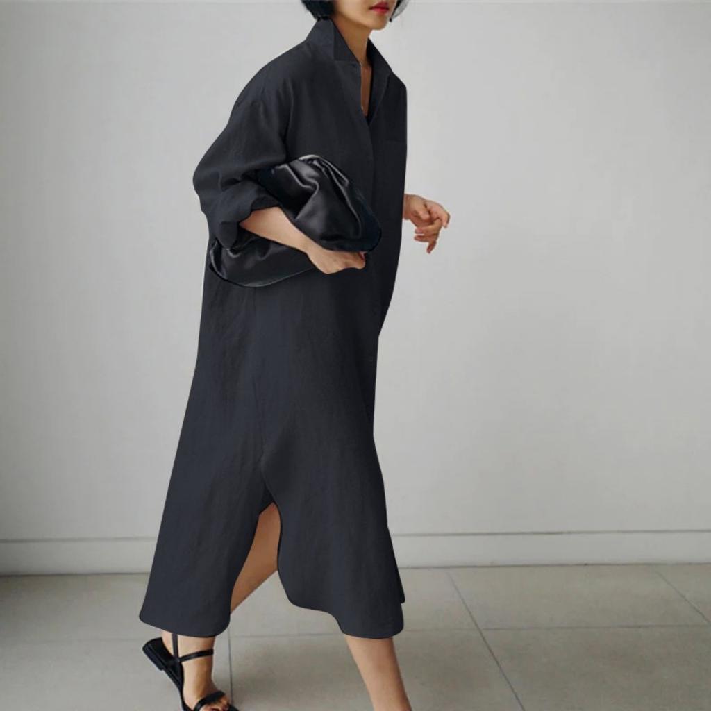 LYRIA Cotton Linen Oversize Women Dress Black Turn-Down Collar Loose Dresses Female Elegant Casual Trendy Ladies Clothes
