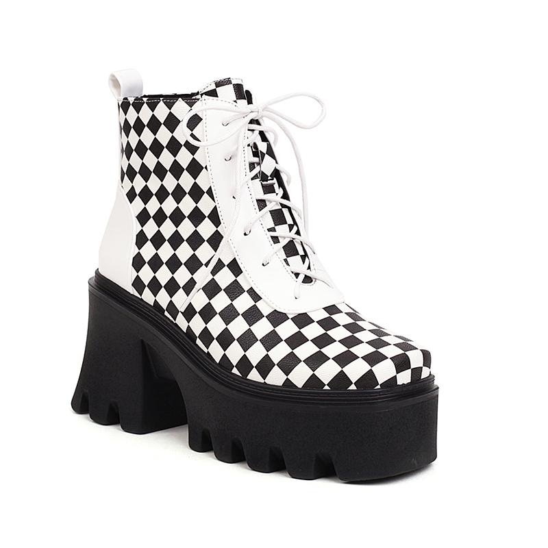 

Black And White Checkerboard Square Toe Cutout Chunky Heel High Platform Short Boots Cross Lace-Up Mixed Colors Ankle Boots 35 білий