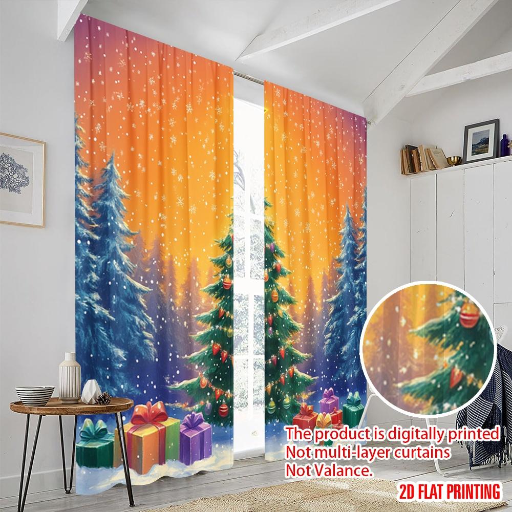 2pcs,2D Plane Printing Print Curtains Christmas Tree Gifts Snowfall (2) Polyester Easy Install (without Rod) Room Decor Perfect