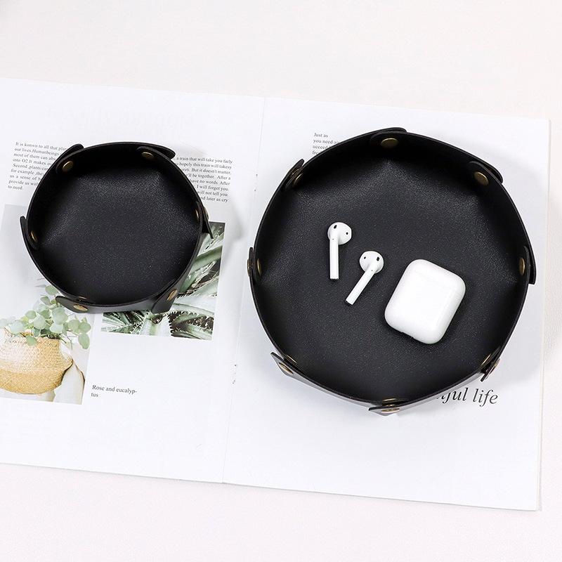 1PC Foldable Round PU Leather Tray Desktop Organizer for Jewelry Cosmetics Keys Multi-purpose Storage Box for Home Office