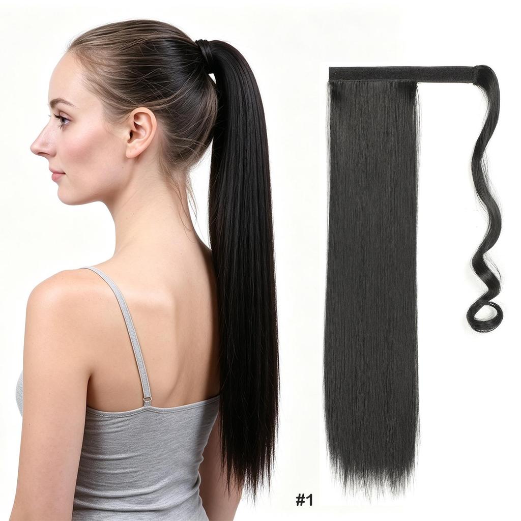 Synthetic Straight Ponytail Hair Extension With Velcro Wrap Design, 60cm Long Sleek Wrap Around Ponytail For Women Girls