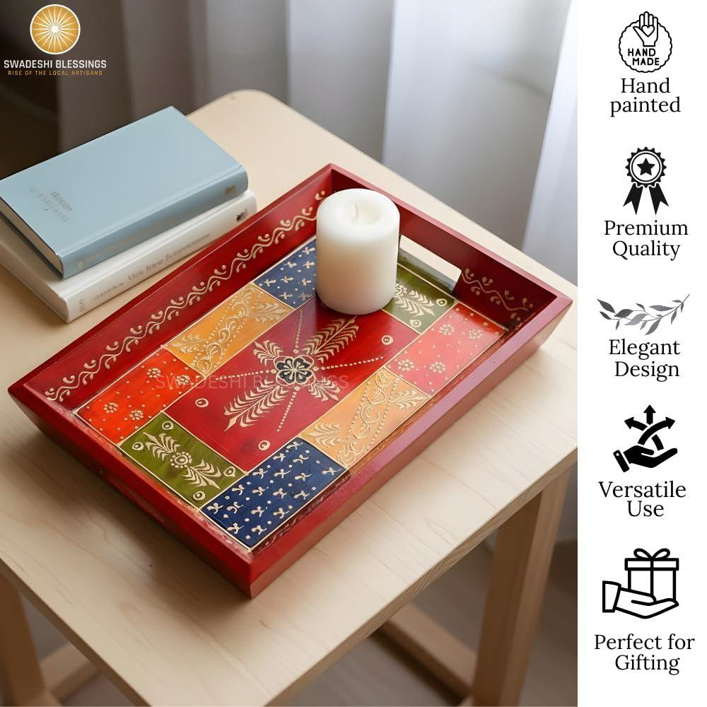 Wooden Tray for Serving- Handcrafted & Hand-Painted for Kitchen/Table & Home Decor/Dinning/Gifts/Restaurants/Living Room/Coffee Table 30Cm