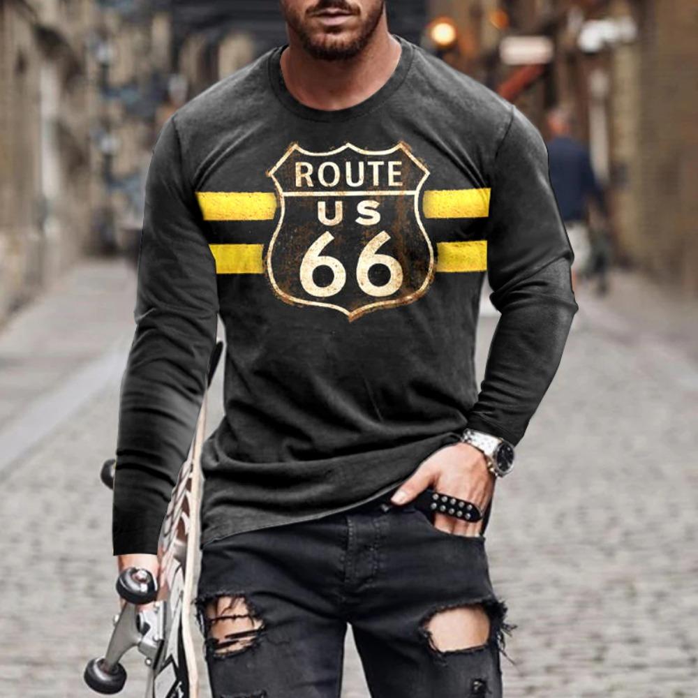 ETST31 2024 Heren T-shirts Lange Mouw 3D Print Top Casual Katoen Vintage T-shirt Vintage Route 66 Tee Los Sport O-hals Kleding 5xl M