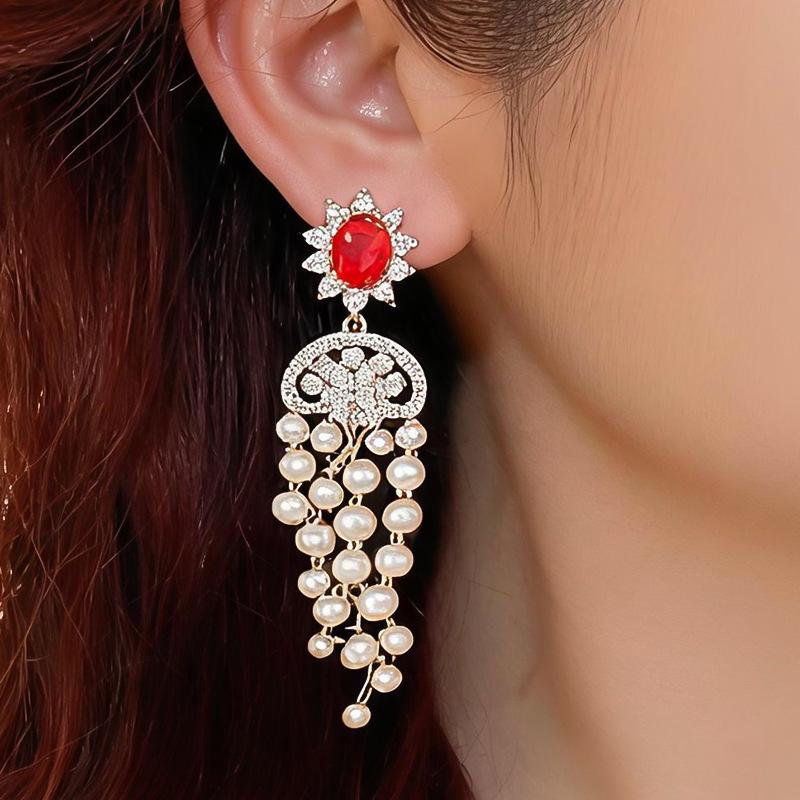 Gold-Plated Silver Zircon Flower Earrings with Tassel - High-End Vintage Style