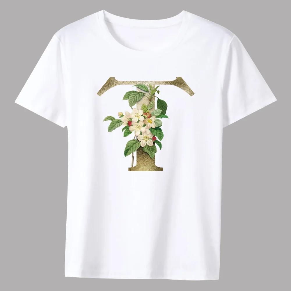 Men's Classic T-shirt Casual O-neck Golden Flower Lettern Printing Pattern Series Commuter All-match Breathable White Shirt