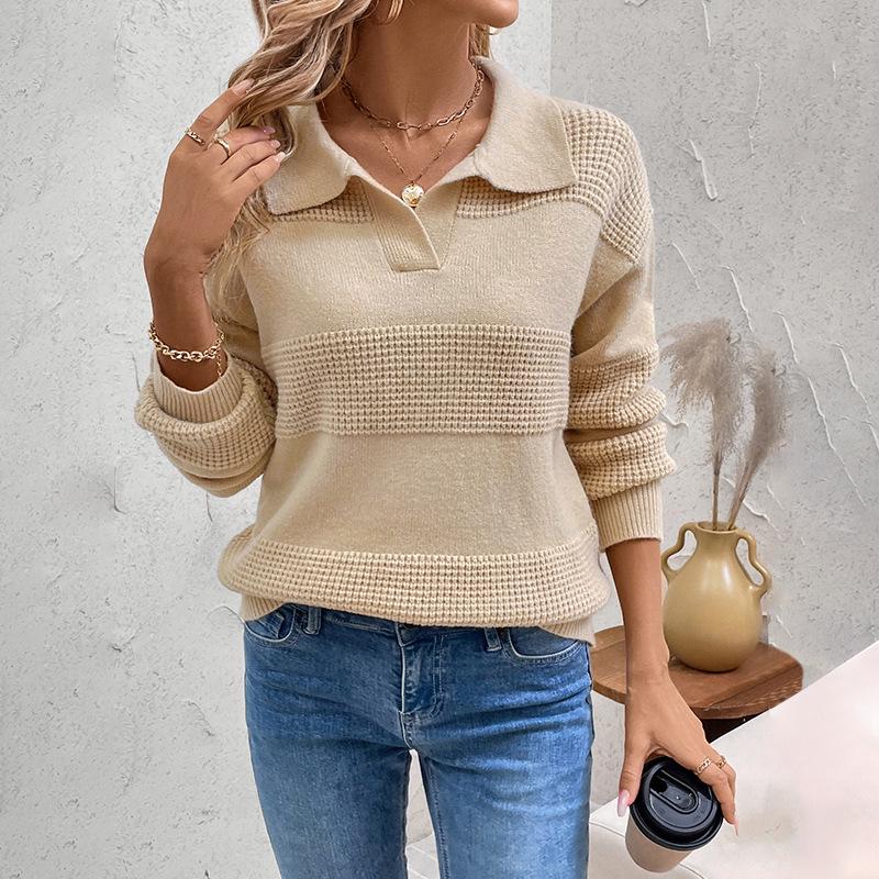 Europe 2026 Autumn/Winter Women's Knitwear: Simple Commuting Style, Solid Color, Half-Zip, Lapel, Patchwork Sweater