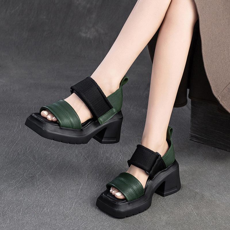 Fashion GKTINOO Retro Handmade Sandals 2025 Summer New Genuine Leather Splicing Embroidered Thick Sole Fashion Women's Shoes