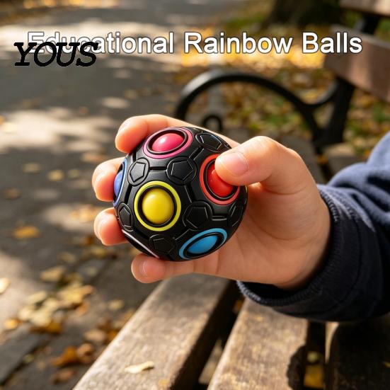 Educational Rainbow Balls Football Fidget Toy with 12-Holes, Stress Relief Press Ball Sensory Handheld Reliever Toy, Mini Push for Adults and Kids