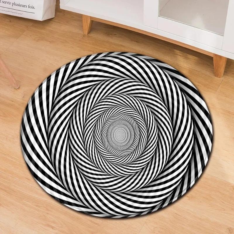 3D Psychedelic Illusion Round Carpet Geometric Rugs Living Room Door Mat Coffee Table Black and White Stereo Vision Floor Mats
