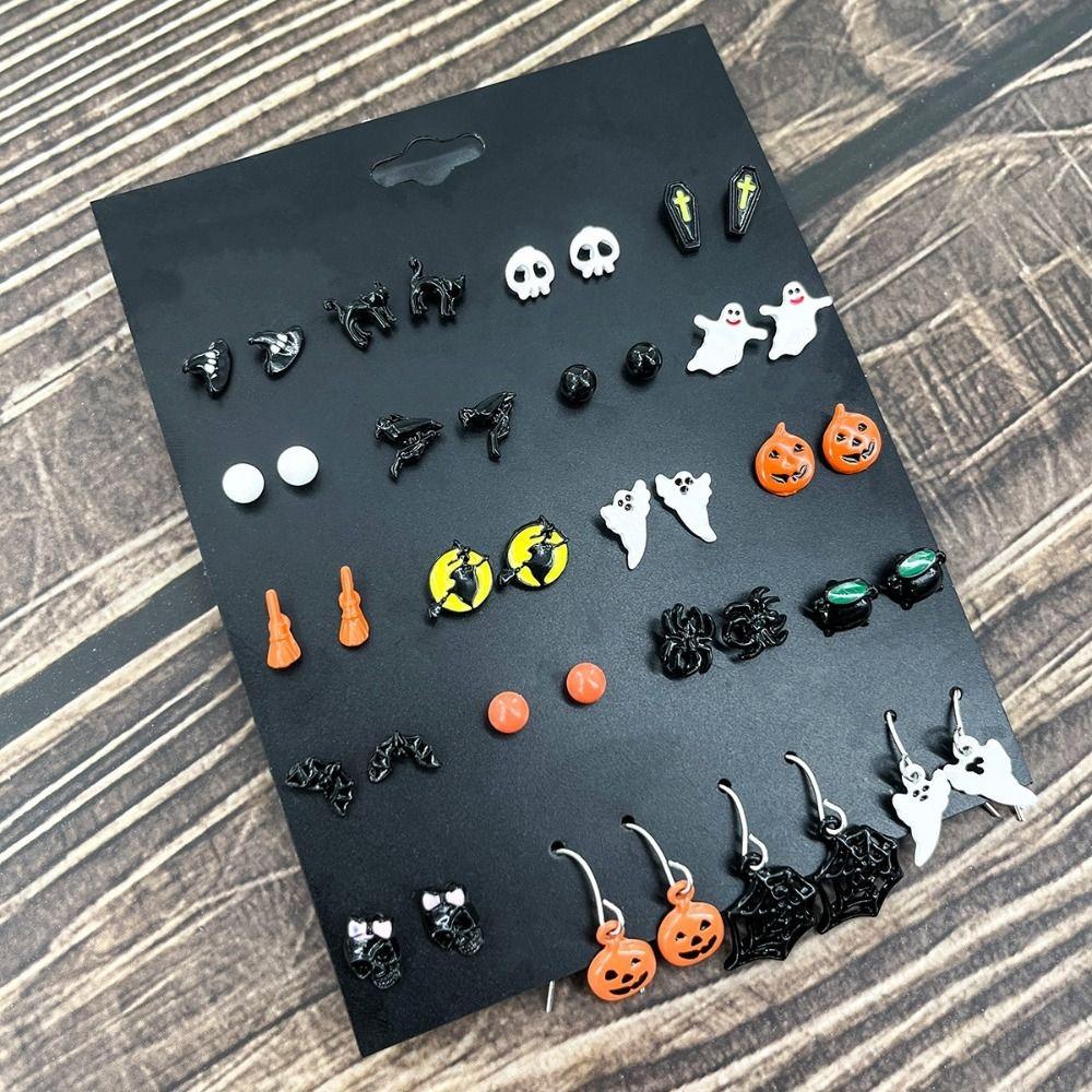 Skull Witch Ear Studs Cat Pumpkin Studs Earrings Vintage Enamel Cross Pendant  Ladies