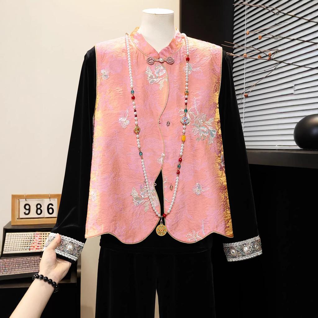 Elegant Spring Embroidered Vest for Mothers - Stand-up Collar with Frog Button, Slimming Fit for Middle-aged and Elderly Women