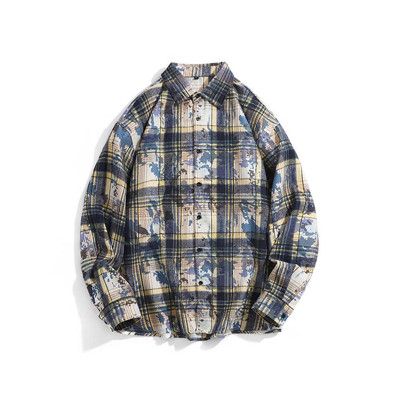 Spring And Autumn Men'S Plaid Tie-Dye Long Sleeve Shirt Men'S Casual Loose Shirt Jacket