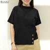 ZANZEA Women Casual Stand Collar Short Sleeve Patchwork Tee Shirts