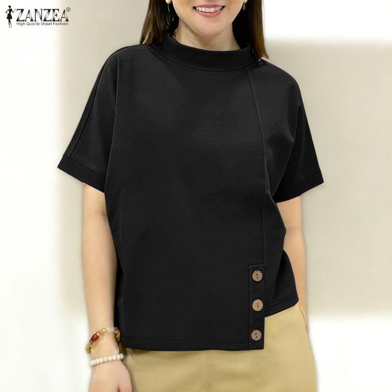 ZANZEA Women Casual Stand Collar Short Sleeve Patchwork Tee Shirts
