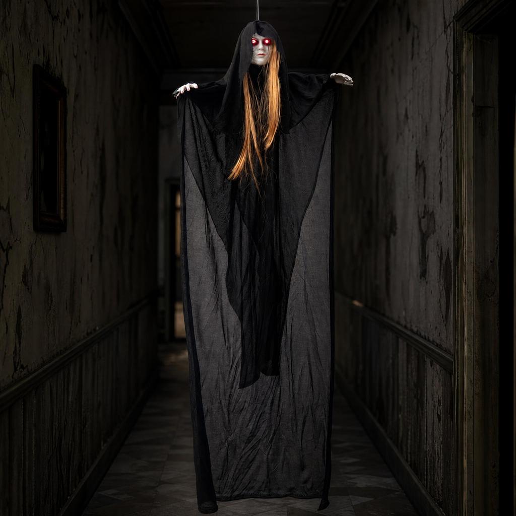 Hanging Ghost with Illuminated Red Eyes Creepy for Entryways
