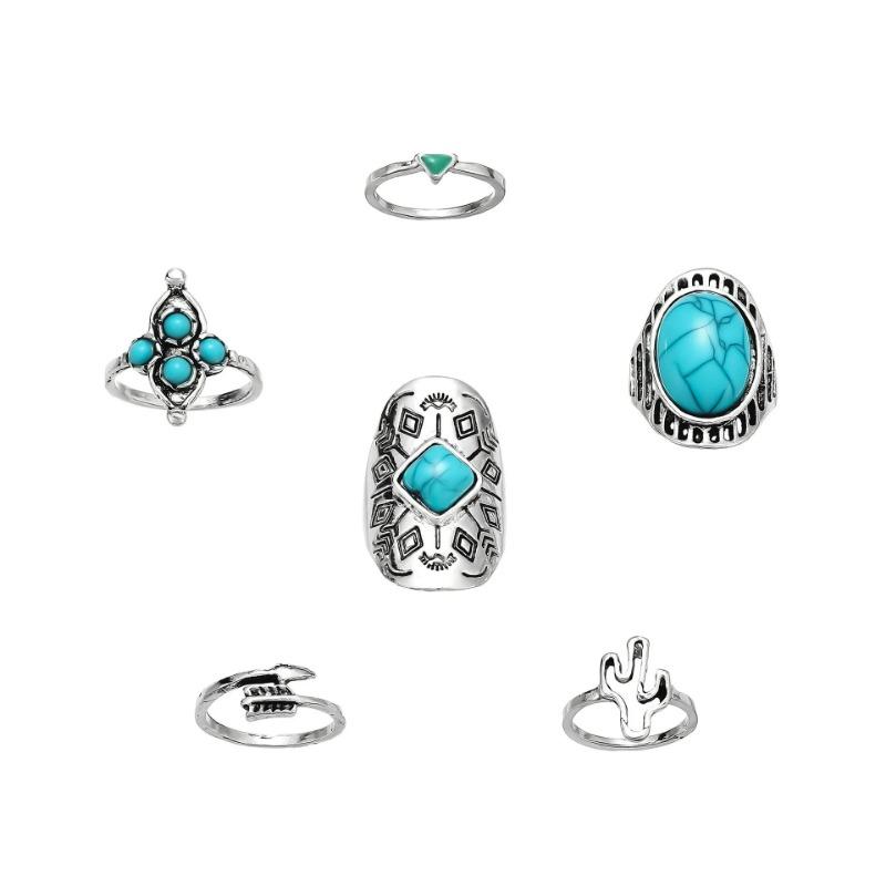Retro Cactus Turquoise Ring Set 9pcs Faion Jewelry Accories Alloy Embedded Artificial Gemstone New Condition