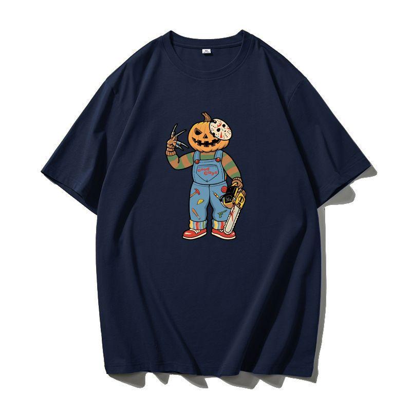 Halloween Retro T-shirt Men American Fashion Brand Loose Cotton Heavy Short-sleeved Round Neck Base Shirt