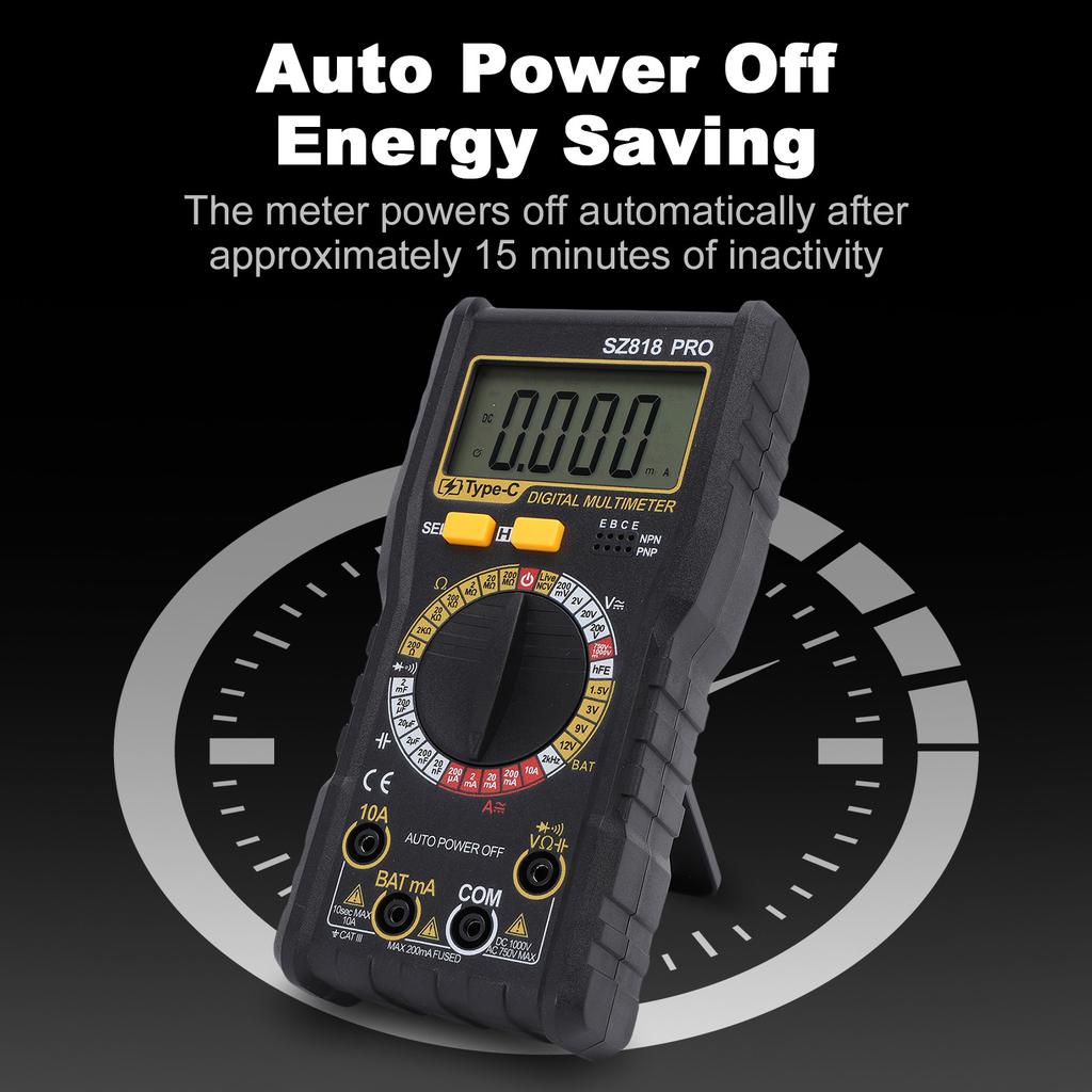 Digital-Multimeter, 1999 Zählwerte, AC/DC-Spannungstester mit LCD-Hintergrundbeleuchtung, Data-Hold, Automatische Abschaltung, HFE-Transistor