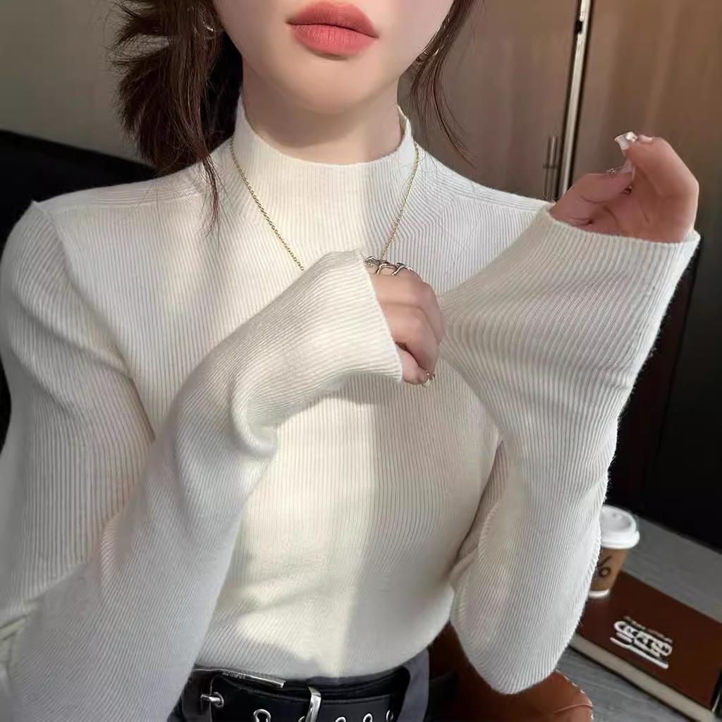 Women's High-End Base Layer for Spring and Autumn Luxury Gray Half-High Neck Sweater Mid-Neck Knit Top