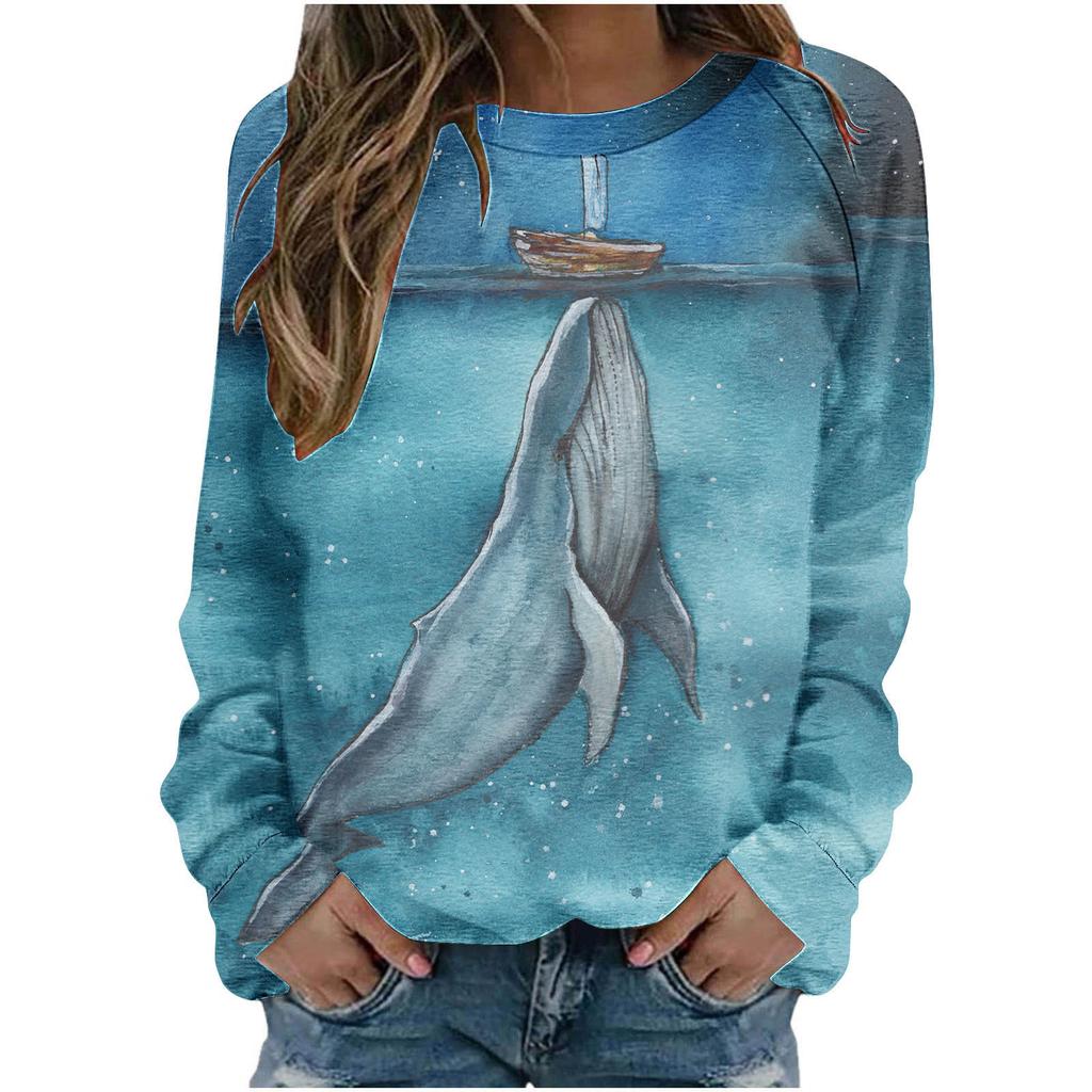 Autumn Round Neck Blue Women's T-shirt Loose Fitting Pullover Long Sleeved Whale 3D Printed Sweatshirt